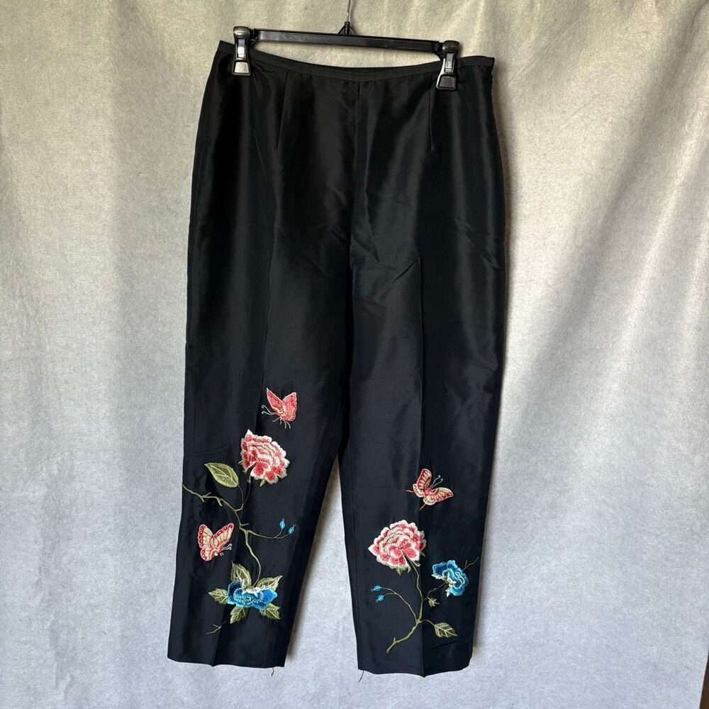 VTG Depeche Mode Yves Cossette Black 100% Silk Pant Embroidered Flowers 10Petite